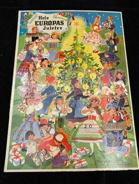 Vintage German Advent Calendar NICE ca 1940: Hele Europas Juletre by Dorte circa 1940's, or older opened, toys inside windows. FREE DOMESTIC SHIPPING.