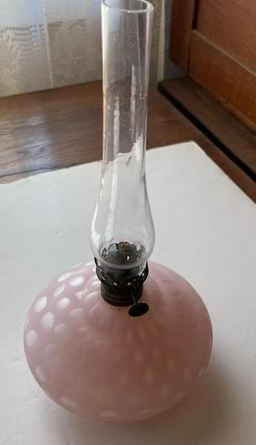 RARE Miniature Oil Lamp ca 1880 Pink Satin Glass (1 of 3)