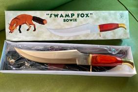 Swamp Fox Bowie Knife: Swamp Fox Wood handle knife and leather sheath, Chipaway Cutlery, made in Pakistan, Colorado wood handle with custom stainless steel blade. $5 DOMESTIC SHIPPING