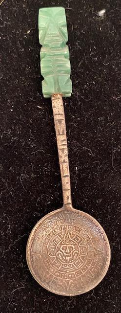 Aztec Calendar Sterling and Jade Carved Spoon (1 of 3)