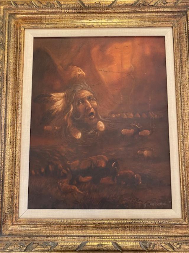 Tony M. Sandoval Native American Painting: Original signed Tony M. Sandoval Native American scene oil painting on canvas. Ca 1979. No acrylic or glass on front. Art measures 20" tall by 15" wide. Framed measures 28" tall by 24" wide. Ships fra