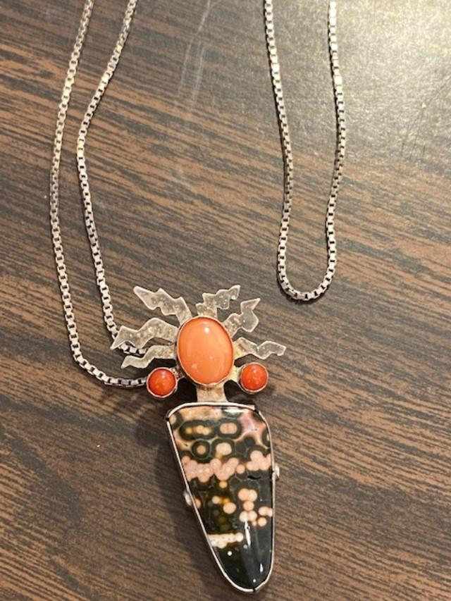 Native American Necklace Spiny Oyster & Jasper Pendant: Sterling Native American necklace with spiny oyster and jasper stone pendant. Chain marked .925. Pendant unmarked. Pendant measures 1.75". Chain measures 24". FREE DOMESTIC SHIPPING.