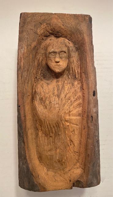 Hand Carved Native American Figure Roman Maes: Hand carved Native American figure, ca 1930. Carved by Roman Maes. Taos NM/Lincoln NM. From Billy the Kid museum. Measures 9.25" tall by 4.25" wide. $9.00 DOMESTIC SHIPPING.