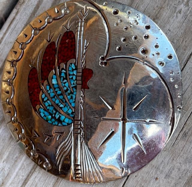 Native American Navajo Alloy Bolo With Turquoise: Native American Navajo Indian alloy bolo with coral and turquoise chip inlay accents. Peyote Bird design. Measures 3". $6.00 DOMESTIC SHIPPING.