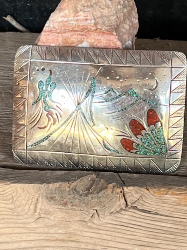Native American Peyote Bird Belt Buckle chip inlay: Native American Navajo Indian belt buckle alloy with coral and turquoise accents. Peyote Bird desert scene design. Measures 4" wide by 3" tall. $6.00 DOMESTIC SHIPPING.