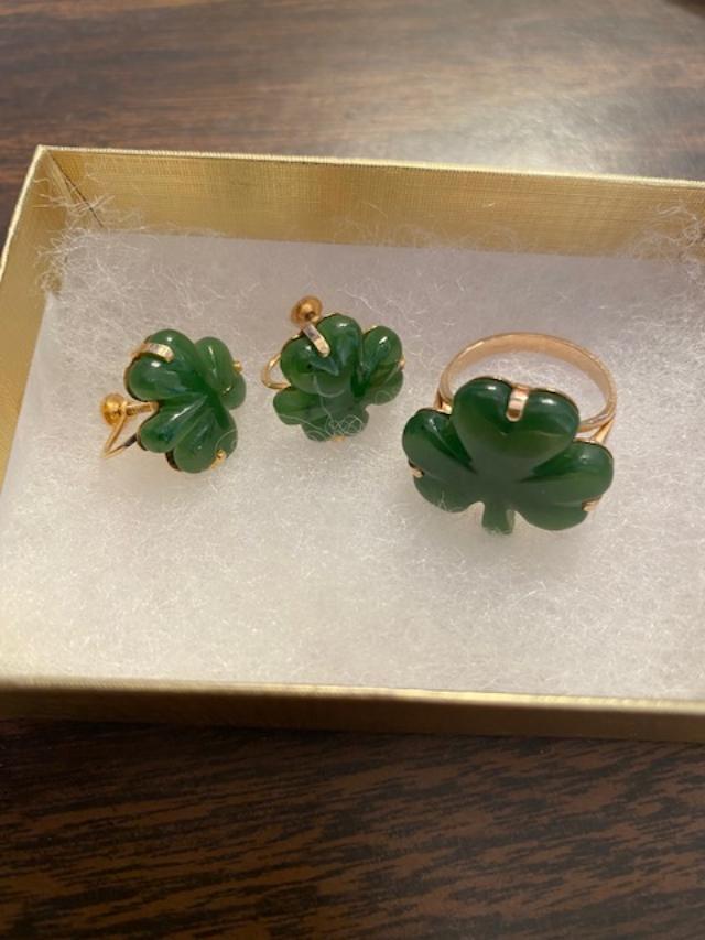 14K Gold Jade Shamrock Earring And Ring Set (1 of 4)