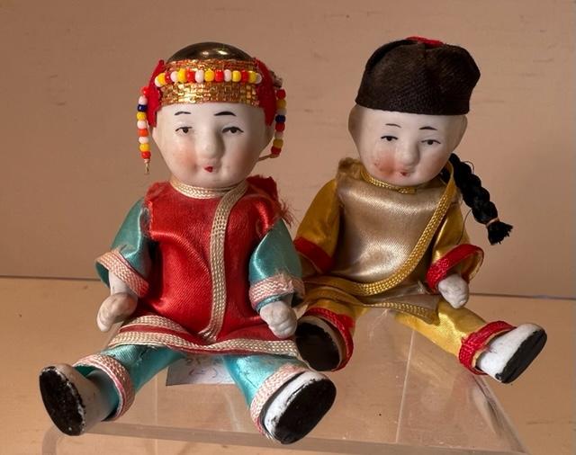 Antique Bisque Japanese Dolls: Japanese bisque hand painted dolls. Antique. Jointed bodies. Measures 3.5" tall. Domestic shipping $12