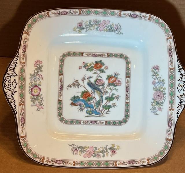 Wedgewood Kutani Crane Square Handled Cake Plate: Wedgewood fine bone China square handled cake plate. Hand painted with a Kutani Crane. Measures 11" with handles by 9.5". Domestic shipping $12