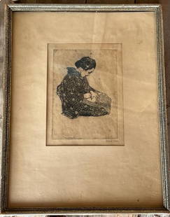 etching by Emil Orlik (1870-1932) Dated 1902: Etching of Geisha woman dated 1902, signed by Emil Orlik. Art measures 7.5" tall by 6" wide. Frame measures 16" tall x 12" wide. Domestic shipping $16.