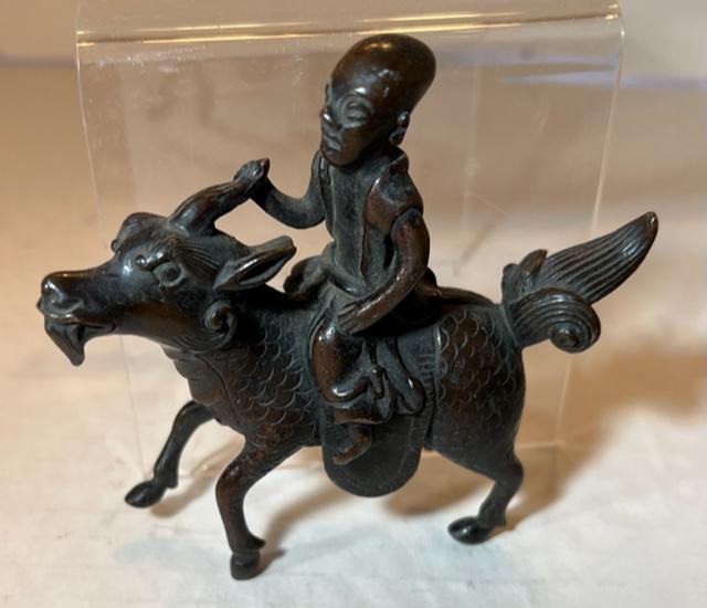 Antique Southeast Asian Incised Man on Water Buffalo Bronze (1 of 3)