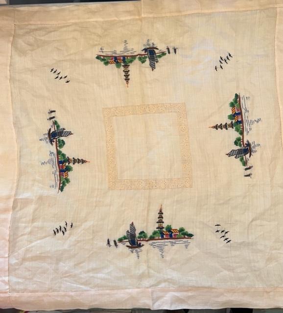 Hand Embroidered Linen: Beautiful hand embroidered linen. Middle scene with additional design on sides. Measures 30" x 30". Domestic shipping $6.