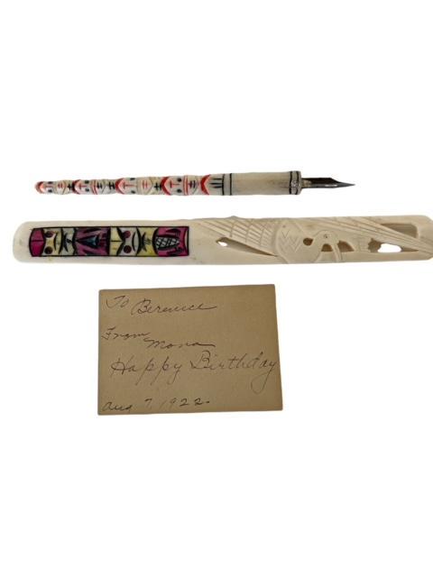 Alaskan 1920's Caligraphy Pen and Letter Opener: Carved Northwest coast and painted vintage bone caligraphy ink pen and letter opener includes family note from 1922. Pen 5" and letter opener 7.5". Domestic shipping $6