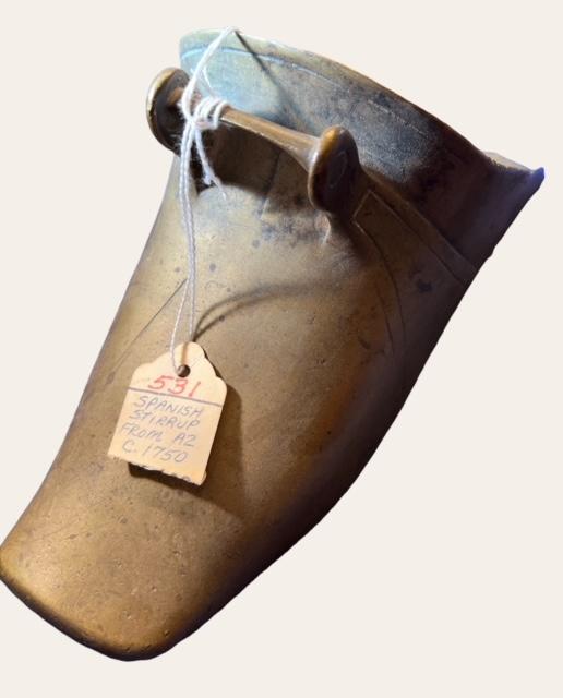 Antique Spanish Stirrup ca 1750 Collected in Arizona: Antique Spanish Brass Stirrup from Arizona. Circa 1750. Very nice historical piece and in excellent antique condition. No dents. 10"x5". Domestic shipping $16.00.
