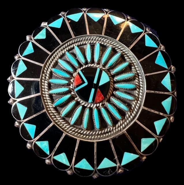 Native American Zuni Pin Signed Benji & Shirley: Native American Zuni sterling pin with turquoise, onyx and coral. Signed Benji-Shirley. Beautiful piece. Measures 2.75". missing pin on back. Domestic shipping $12.