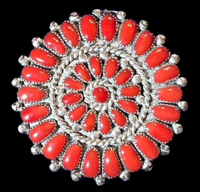 Native American Zuni Coral Pin/Pendant Signed Waatsa: Native American Zuni coral pin/pendant. Signed LW for Lorraine Waatsa and Luwayne Waatsa. Unmarked. Measures 1.75". Domestic shipping $12.