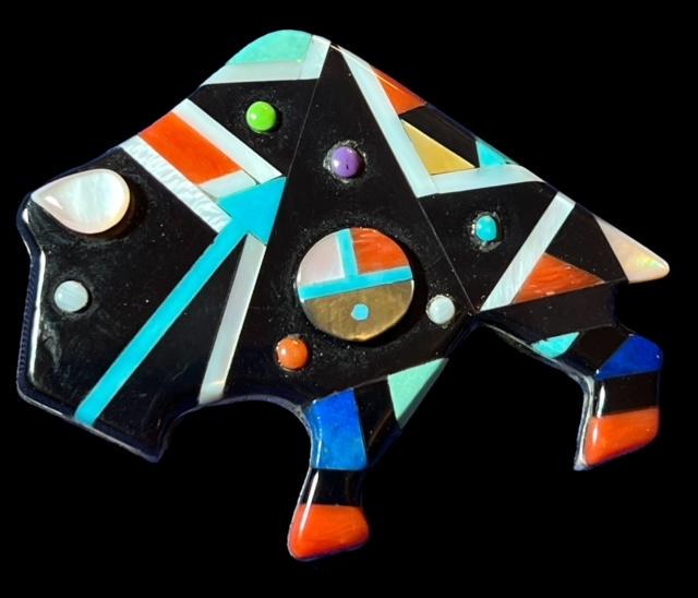 Native American Zuni Pin Buffalo inlay Sterling: Native American Zuni pin with Turquoise, coral, onyx, mother of pearl, beads. Buffalo shape. Artisian signed and Zuni NM- see photo. Measures 2" x 1.75". Domestic shipping $8.
