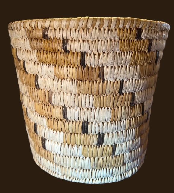 Native American Tall Polychrome Papago Basket: Native American Papago woven basket. Tall polychrome. Measures 9" x 9". Domestic shipping $16.