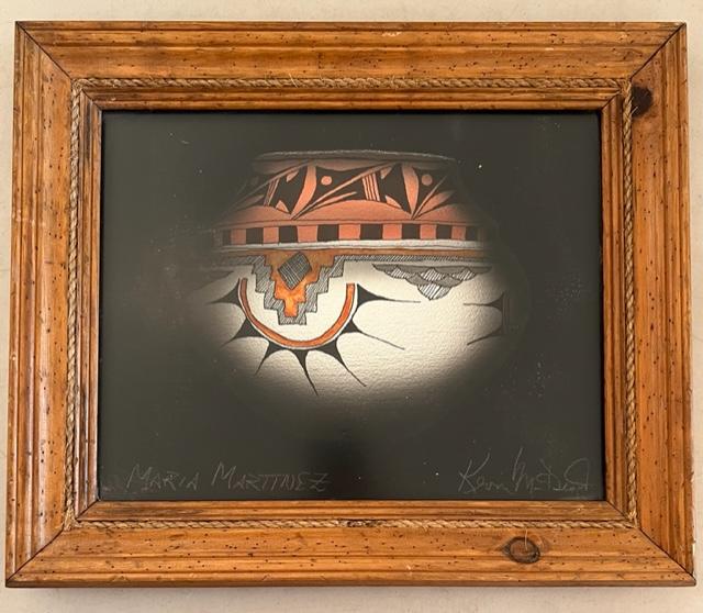 Original Native American Watercolor On Black Paper Martinez and McDonald: Original Native American watercolor on black paper. Native American pottery motif By Maria Martinez pot Kevin McDonald artist. With a western style rope embellished frame under acrylic. Measures 18" x