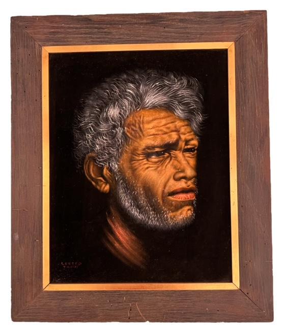 Black Velvet Painting by Leeteg Chief of Tahiti: Black velvet painting of a Chief from Tahiti by Leeteg of Tahiti. From Davis Gallery Honolulu Hawaii. Paperwork on back says authentic copy. Measures 20" x 24". Domestic shipping $24.