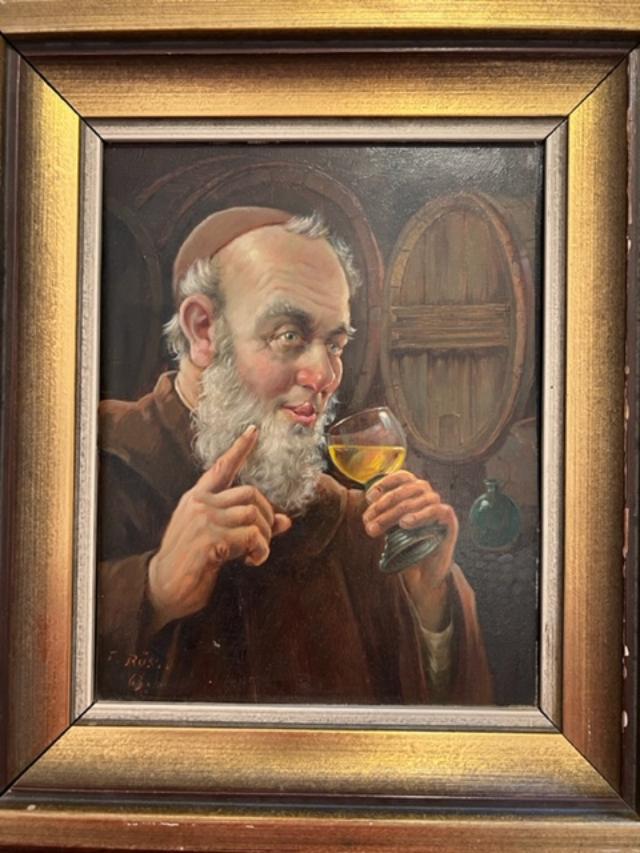 Oil On Board Signed F. Rossi Ca. 1890 Beautiful Work: Oil painting on board of a "monk" drinking wine. Beautiful detail and facial features. Signed F. Rossi, Measures 12.5" x 10". Domestic Shipping $20.