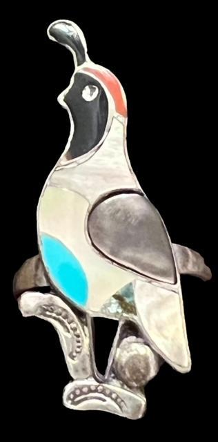 Native American Zuni Ring Signed Juan Quako: Native American Zuni ring. Quail design with turquoise, Mother of Pearl, coral and onyx. Signed Juan Quako. Quail measures 1.5", ring is size 9. Domestic shipping $6.