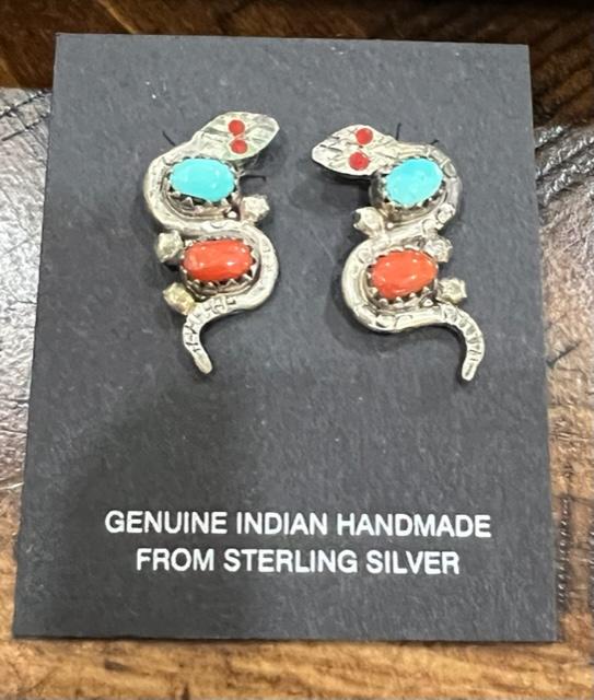 Native American Sterling Coral Turquoise Snake Earrings: Pair of New sterling with coral and turquoise snake earrings. Genuine Indian handmade. 1" Pierced earrings. Domestic shipping $5