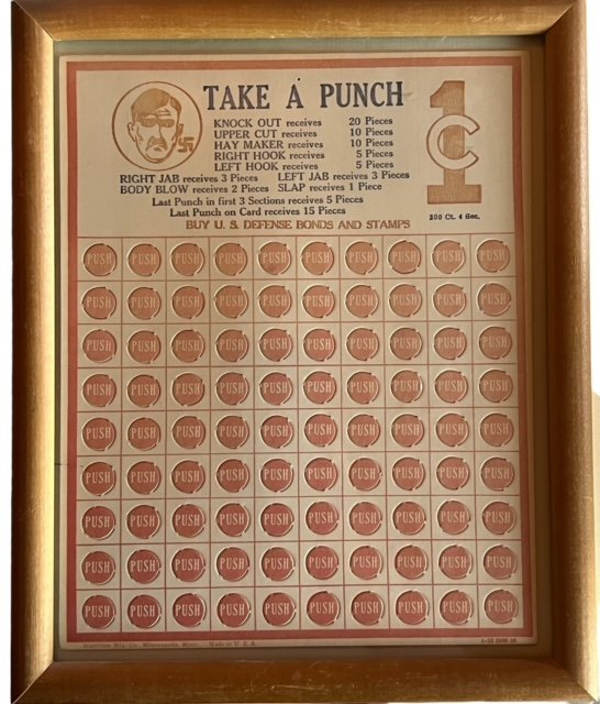 Rare World War II Take a Punch Framed Punch Card Defense Bonds and Stamps: RARE Complete unpunched World War II Take a Punch (at Hitler-whose image is depicted), Buy U.S. Defense Bonds and Stamps promotional card. Original, Hamilton Mfg. Co. Minneapolis, Minnesota. Framed, c