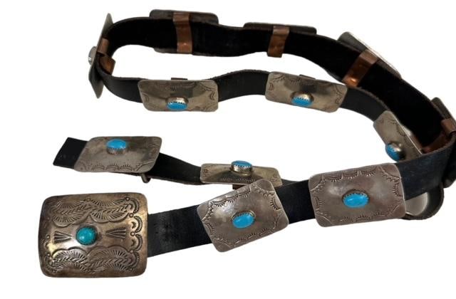 Old Pawn Leather and Sterling Concho/Concha Belt: Old pawn leather belt with marked sterling conchos. Includes 14 rectangle conchos (1"x1.5") with 2 buckles (larger measures 1.5"x2"). Belt length 32" long. Domestic shipping $12. USPS shipping cost on