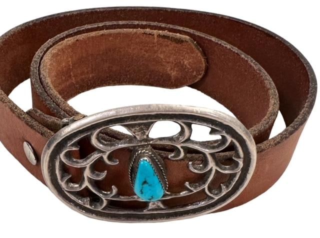 Cast Silver Belt Buckle with Turquoise Navajo ca. 1950 (1 of 3)