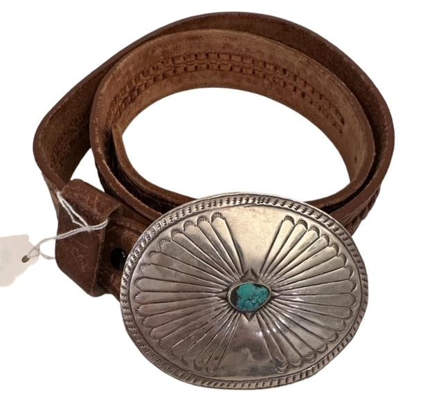 Native American Old Pawn Sterling Concho Belt Buckle on Leather Belt: Leather belt with large concho with turquoise pieces. Belt measures 39" and concho measures 3.75" x 3.25". Domestic shipping $12. USPS shipping cost only, no additional fees for in-house materials or