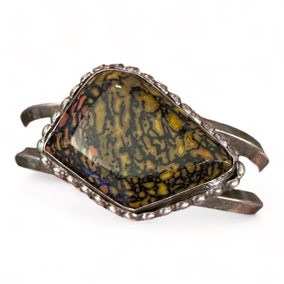 Native American Navajo Pawn Sterling Picasso Rock Bracelet: Native American Navajo stone bracelet in old pawn sterling. 1" cuff opening. Domestic shipping $12. USPS shipping cost only, no additional fees for in-house materials or handling. International shippi