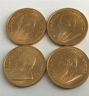 Krugerrand Gold One Ounce Coins Lot of Four: Lot of 4 Krugerrand gold 1-ounce coins, 1977-1, 1978 - 3. Free Domestic shipping and insurance USPS. No fee for packaging. International shipping calculated at end of auction.