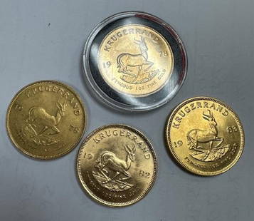 Four Krugerrand Gold One Ounce Coins: Lot of four Krugerrand gold 1-ounce coins. 1982, 1983 and 2 of 1978. Domestic shipping free via USPS shipping, no fees for in-house materials or handling. International shipping calculated at end of a