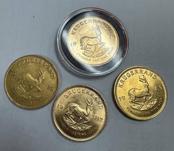 Four Krugerrand Gold One Ounce Coins: Lot of four Krugerrand gold 1-ounce coins. 1982, 1983 and 2 of 1978. Domestic shipping free via USPS shipping, no fees for in-house materials or handling. International shipping calculated at end of