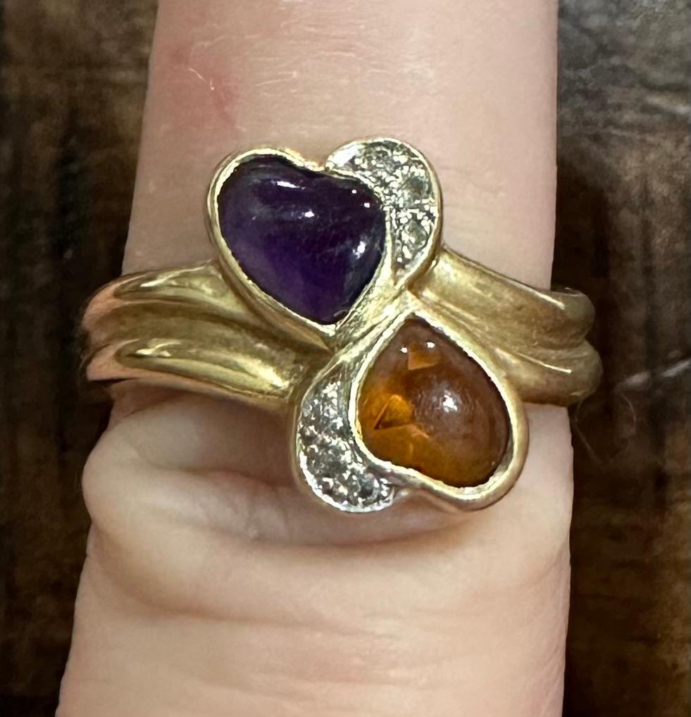 14K Gold Stone and Diamond Chip Ring: 14k gold ring with 2 stones and diamond chips. Size 5.25. Total weight 3.4g. Domestic shipping $10. USPS shipping cost only, no additional fees for in-house materials or handling. International shippi