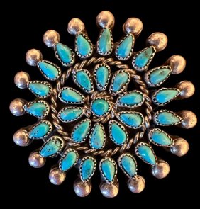 Zuni Old Pawn Petit Pointe Turquoise and Silver Pin