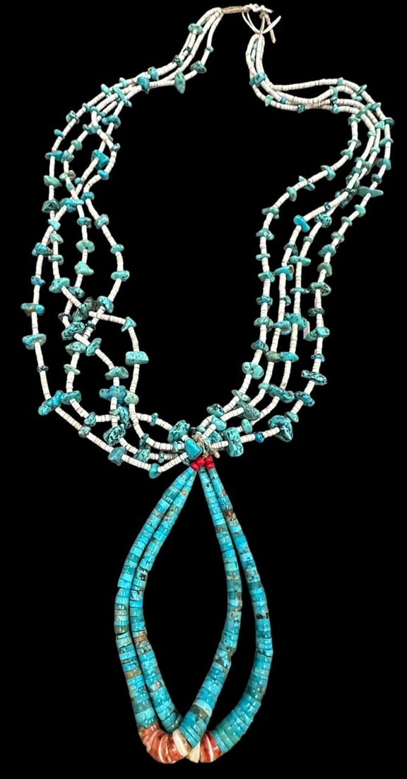 Native American Turquoise and Coral Jacla Necklace: Native American 4 strand coral and turquoise jacla necklace. Necklace measures 40", jacla measures 5". Domestic shipping $14. USPS shipping cost only, no additional fees for in-house materials or hand