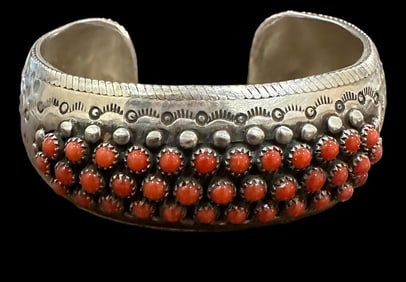 HJ Gray Signed Native American Cuff Bracelet with Coral Inset