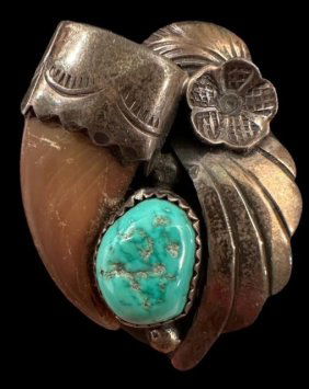 Signed Atkinson Trading Co. Hallmark Navajo Bear Claw, Sterling and Turquoise Ring