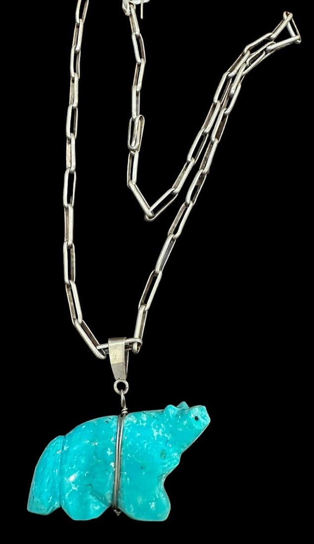 Signed LS Native American Sterling and Turquoise Pendant Necklace (1 of 2)