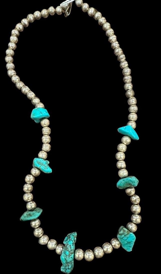 Native American Turquoise and Sterling Necklace: Native American sterling and turquoise necklace. Measures 18". Domestic shipping $10. USPS shipping cost only, no additional fees for in-house materials or handling. International shipping calculated
