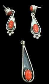 Signed Navajo Sterling and Coral Earrings and Pendant Set
