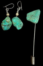 Lot of Two Turquoise Chunk Earrings and Stick Pin