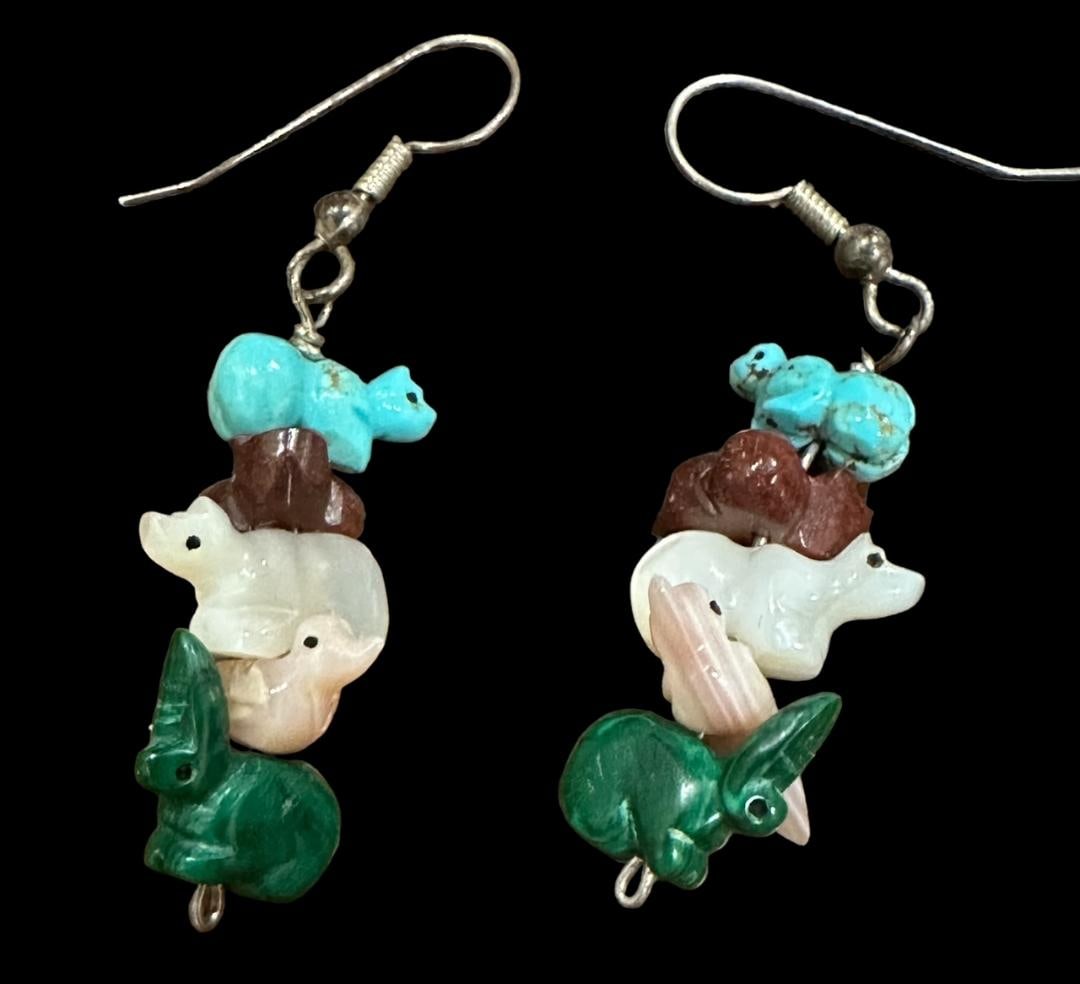 Native American Animal Fetish Earrings: Native American multi stone, multi animal fetish earrings. Measure 2". Domestic shipping $6. USPS shipping cost only, no additional fees for in-house materials or handling. International shipping calc