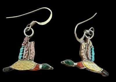 Native American Zuni Signed Duck Shaped Earrings