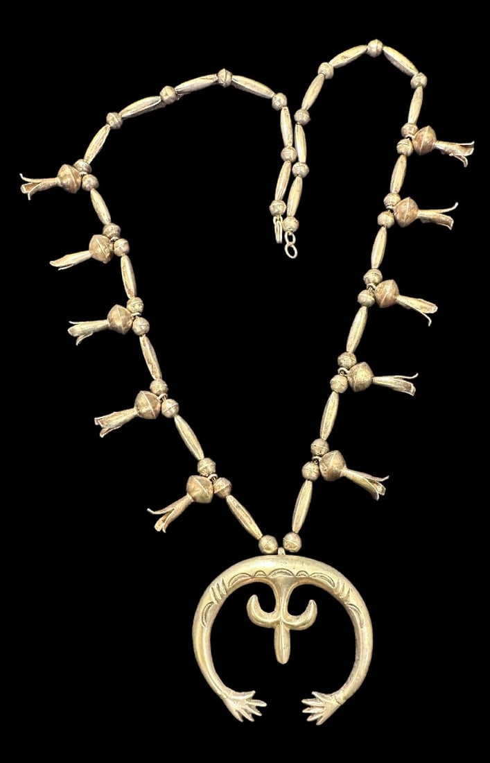 Signed PE Old Pawn Sand Cast Navajo Naja Squash Blossom Necklace: Old Pawn necklace with sand cast Naja Navajo pendant. Signed PE. Necklace measures 26" and pendant measures 2" x 2". Domestic shipping $12. USPS shipping cost only, no additional fees for in-house mat