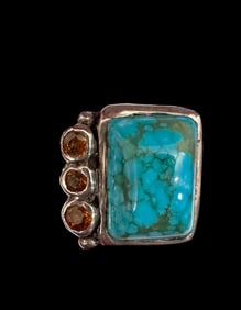 Old Kingman Turquoise, Spessartite Garnet and Sterling Ring