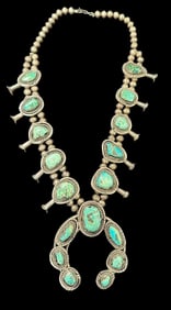 Navajo Naja Design Old Pawn Silver and Turquoise Squash Blossom Necklace