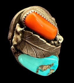 Native American Turquoise and Coral Ring