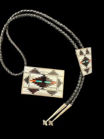 C. Dishta Signed Zuni Old Pawn Bolo Tie and Belt Buckle